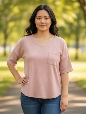 👚 Pink Rose Short Sleeve Waffle Knit Top w/ Pocket~Women’s Large~Dusty Pink